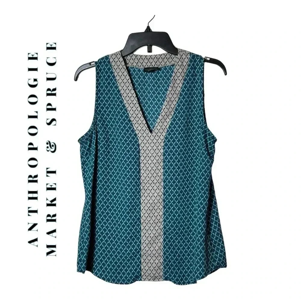 1843. ANTHROPOLOGIE MARKET & SPRUCE SLEEVELESS BLOUSE SIZE SMALL TEAL/BLACK/AQUA